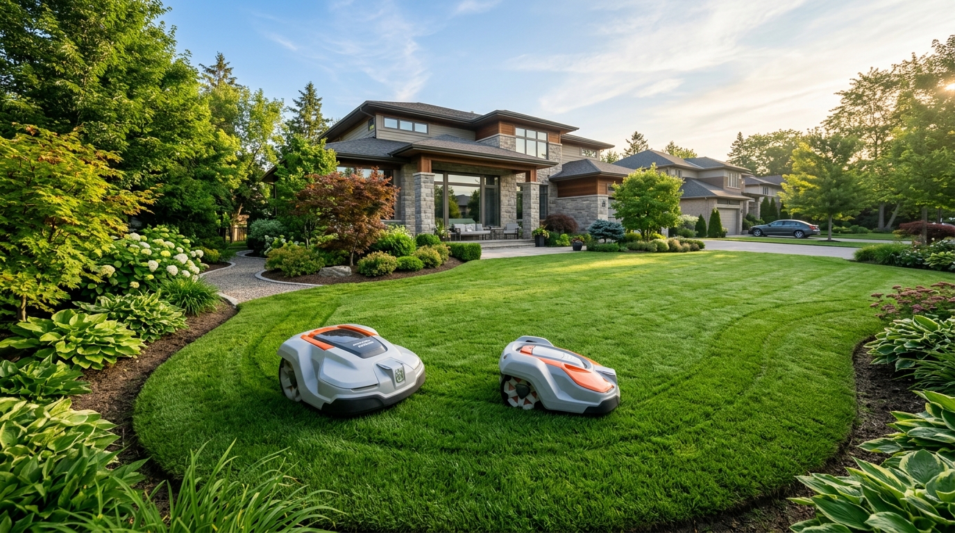 Robot lawn mower maintaining a green yard with automated mowing technology